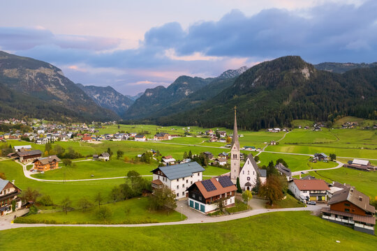 Aerial view of historic church in scenic Gosau village in Austria.