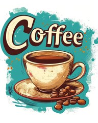 Color illustration of a cup of coffee with the inscription coffee in retro style