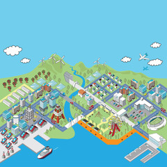 アイソメトリック・港町の俯瞰イラスト（フルカラー）