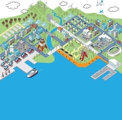 アイソメトリック・港町の俯瞰イラスト（海）