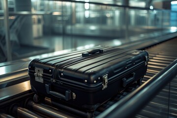 Black suitcase on conveyor belt