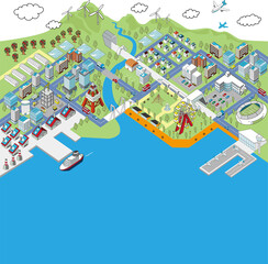 アイソメトリック・港町の俯瞰イラスト（海）
