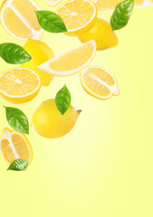 Fresh lemons and green leaves falling on background. Space for text