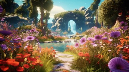 Obraz na płótnie Canvas Paradise land with beautiful garden waterfall and floor Ai Generative