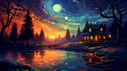 Stylized landscape houses rolling river at night Ai Generative