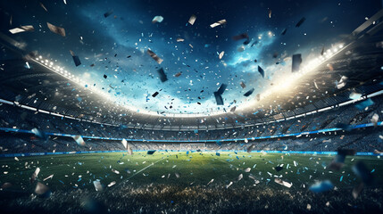 football stadium background with flying confetti - obrazy, fototapety, plakaty