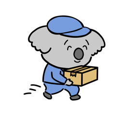 笑顔で段ボールを運ぶ作業服を着たコアラのキャラクター