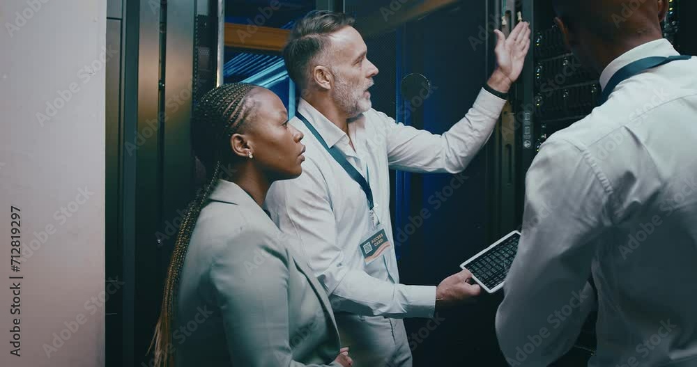 Poster Technician, planning and tablet in server room for programming, engineering and cloud computing teamwork. Senior manager or group of people in data center, digital technology and system gdpr training