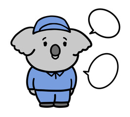 説明をしている青い作業服を着たコアラのキャラクター