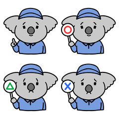 丸三角バツの札を持つ作業服姿のコアラのキャラクター