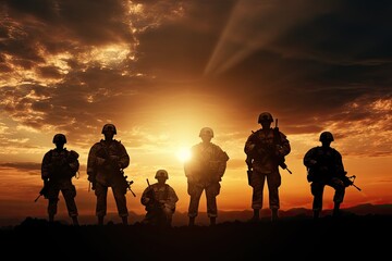 Silhouette of Soldiers Standing Against Sunset Sky