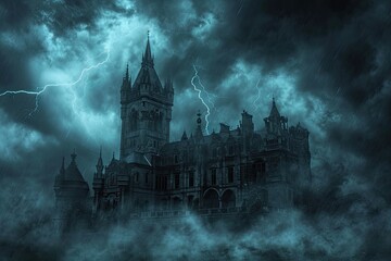 A haunted castle with ominous clouds and lightning in the background Creepy view of dark mystery castle Gothic castle at night - obrazy, fototapety, plakaty