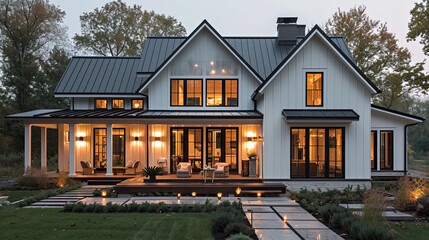 exterior of white modern farmhouse with natural Scandinavian design elements with metal roof