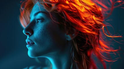 A profile shot of a woman with cascading, fiery red hair, her skin glowing with a luminescent blue light, creating a striking contrast and a mesmerizing effect reminiscent of the Northern