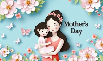 Mother's Day card with mother and daughter among spring flowers