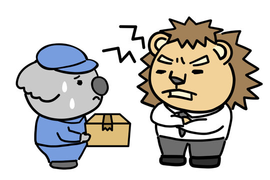 荷物を届けるコアラの配達員と怒るライオンのキャラクター
