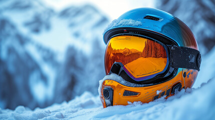 A snowboard helmet is lying on the snow. Close-up. Blurred mountains in the background. Safety glasses with reflection. A beautiful panorama without people. Ai generative