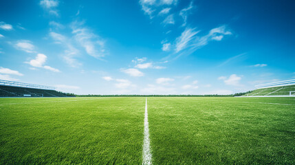 grassy football pitch at stadium at sunny day with blue sky