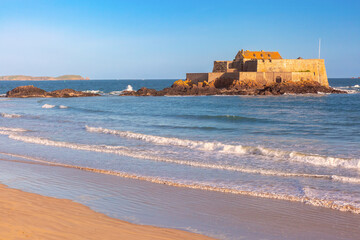 Fort National and beach in beautiful walled port city of Saint-Malo, Brittany, France