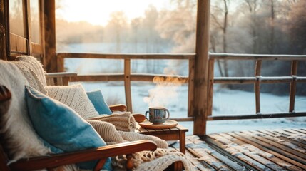 Cozy winter chalet landscape Mountain chalet balcony, wooden furniture, cozy blankets, panoramic view of snowy peaks, serene winter landscape, morning light, tranquil retreat, alpine scenery.

