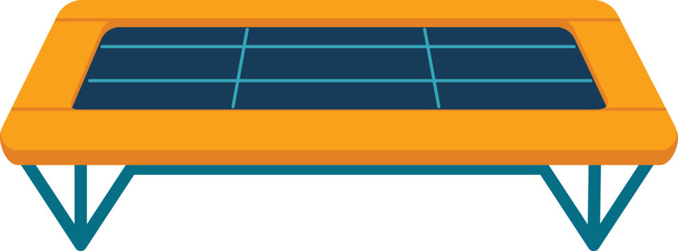 Orange rectangular trampoline with blue details, gym equipment for fitness and exercise. Indoor sport, jumping workout vector illustration.