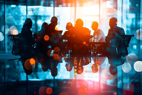 Abstract representation of a dynamic business meeting with city reflections