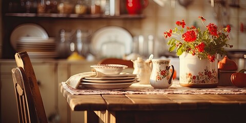 Vintage kitchen decor and worn-out table setting
