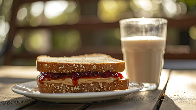 perfect plated shot of a peanut butter and jelly sandwich with full glass of milk beside it 