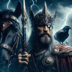 The great Nordic one-eyed god Odin with his ravens Huginn&Muninn. Sleipnir. God of wisdom, healing, death, battle and knowledge. Ancient Norse mythology. Scandinavian. Germanic paganism. Generative AI - obrazy, fototapety, plakaty
