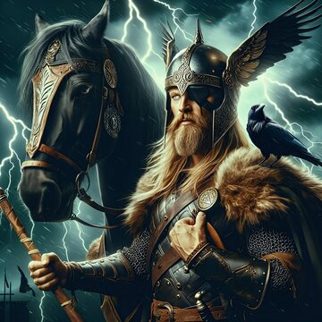 The great Nordic one-eyed god Odin with his ravens Huginn&Muninn. Sleipnir. God of wisdom, healing, death, battle and knowledge. Ancient Norse mythology. Scandinavian. Germanic paganism. Generative AI