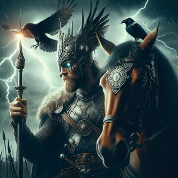 The great Nordic one-eyed god Odin with his ravens Huginn&Muninn. Sleipnir. God of wisdom, healing, death, battle and knowledge. Ancient Norse mythology. Scandinavian. Germanic paganism. Generative AI