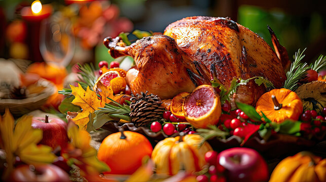 colorful Thanksgiving turkey surrounded by small pumpkins and fruit with copy space 