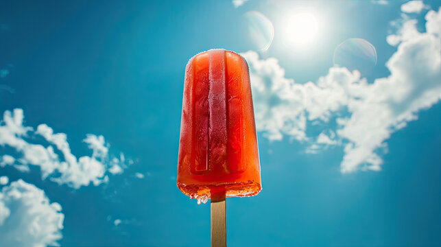 hero shot of popsicle held up to the sky with shafts of summer light showing through it