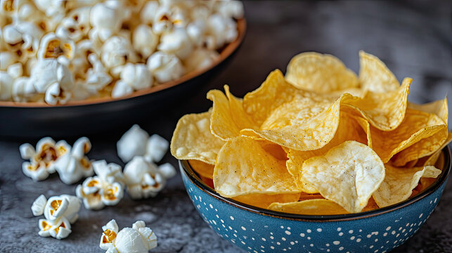 piles of golden potato chips and popcorn snacks in bowls and on table