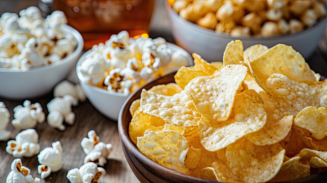 piles of golden potato chips and popcorn snacks in bowls and on table