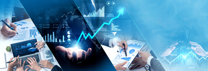 Futuristic business digital financial data technology concept for future big data analytic and business intelligence research for businessman analyst invest decisions making panoramic banner vexel - obrazy, fototapety, plakaty