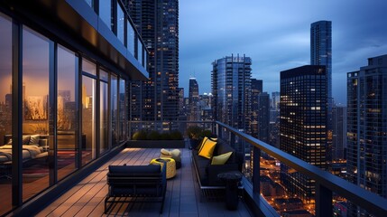 Twilight cityscape viewed from a high-rise balcony, modern outdoor furniture, decorative pillows, glass railing, ambient lighting, urban skyline, residential buildings, clear sky, dusk light.

