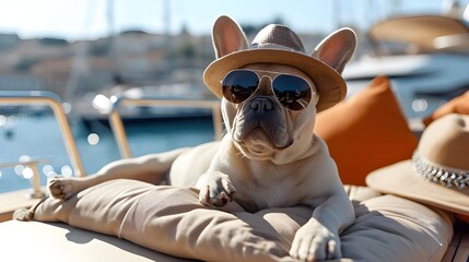 Wealthy rich french bulldog relaxing on expensive private yacht ship boat at pier tropical harbor, millionaire billionaire pet dog animal lifestyle concept - obrazy, fototapety, plakaty