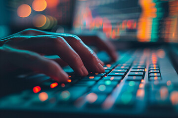 man working on computer in work place, hands on keyboard. Generative AI