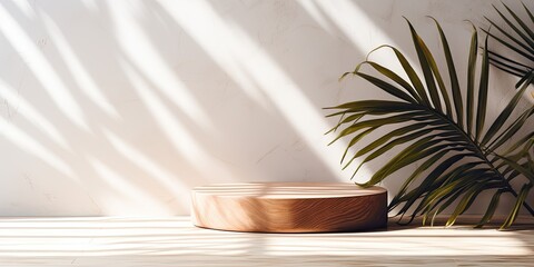 Tropical design - wooden podium, palm leaf, sunlight, shadow, white wood table, marble wall.