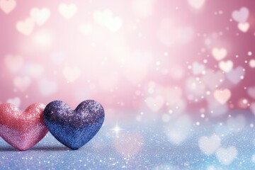 Blue background with hearts and glitter. wallpaper. valentine's day greeting card Love. pink and blue heart, feelings,. Space for text