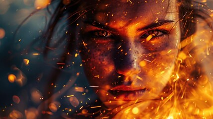 A closeup of a woman warrior with a serious expression, her eyes glowing with a fiery intensity. The sparks around her seem to swirl and dance, as if she is harnessing their power for her - obrazy, fototapety, plakaty
