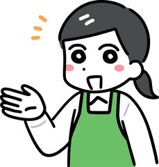 笑顔で紹介している緑エプロンの女性店員