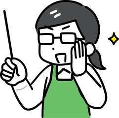 マニアっぽい緑エプロンの女性店員