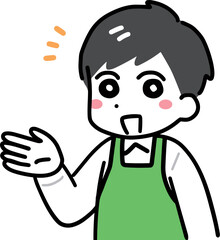 笑顔で紹介している緑エプロンの男性店員