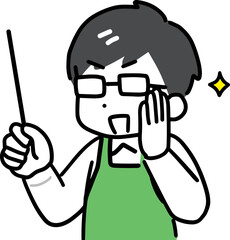 マニアっぽい緑エプロンの男性店員