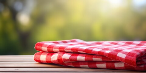 Checkered red towel on table with blurred background, used to design food ads and display products. Can be used as a picnic cloth.