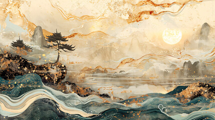 Naklejka premium New Chinese style national trend abstract art mountain landscape painting, creative golden line drawing landscape concept illustration
