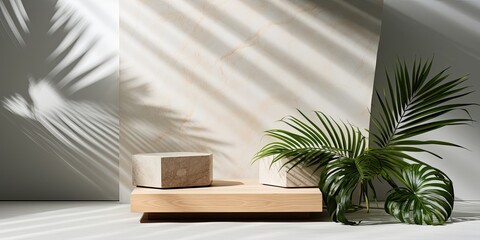 Minimalist design of beige wooden square podiums with a green palm leaf in sunlight, against a white board and grey marble wall, perfect for product display.