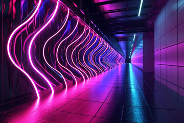 abstract neon wavy light in tunnel at the night. Generative AI
